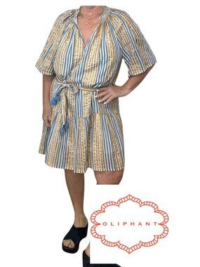 Oliphant Belted Mini Dress - Blue & Gold Stripe Size Med